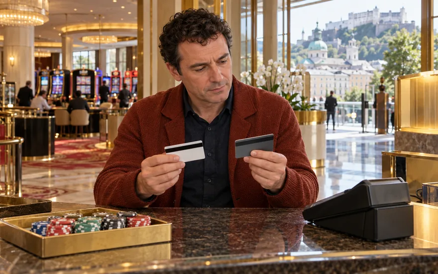 Casino mit 5 Euro Einzahlung: Zahlungskarten, Rechenhilfe und Spielchips in einer fiktiven österreichischen Umgebung