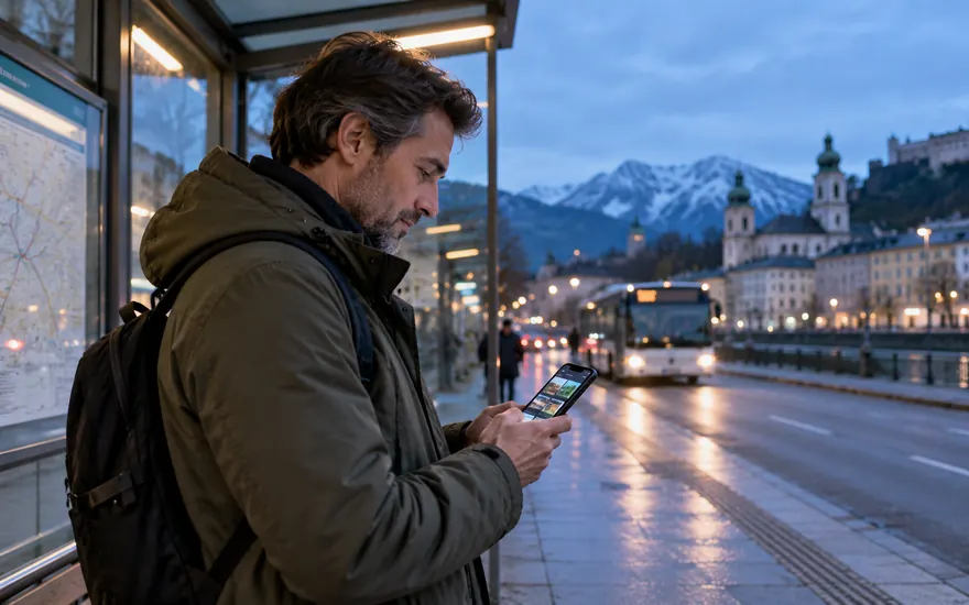 App & Mobil: Smartphone mit unscharfer Wettoberfläche in einer fiktiven österreichischen Umgebung