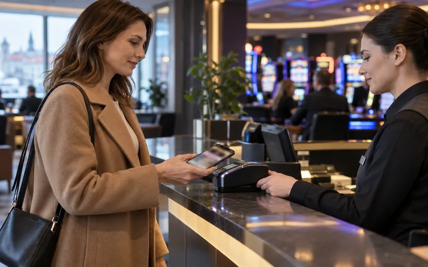 Apple Pay: Smartphone und Zahlungsterminal in einer fiktiven österreichischen Umgebung