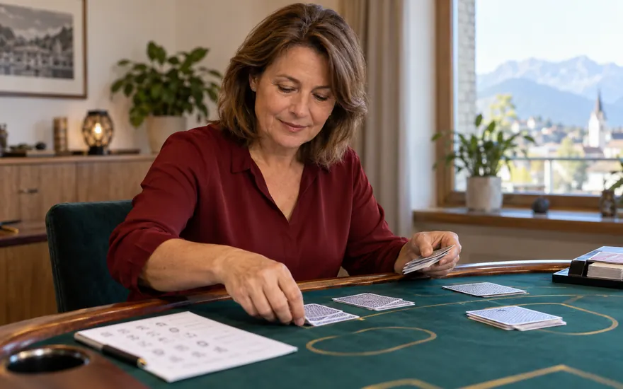Blackjack-Kartenwerte: Spielkarten und Kartenhalter in einer fiktiven österreichischen Umgebung