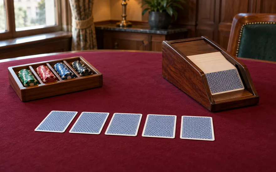 Blackjack-Kartenwerte: Spielkarten und Kartenhalter in einer fiktiven österreichischen Umgebung