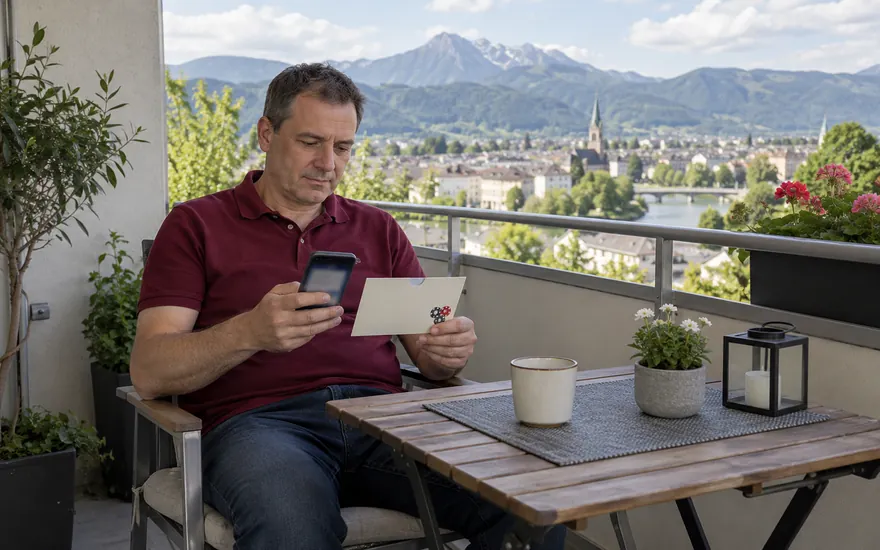 Bonuscode: Gutscheinhülle und Eingabemaske in einer fiktiven österreichischen Umgebung