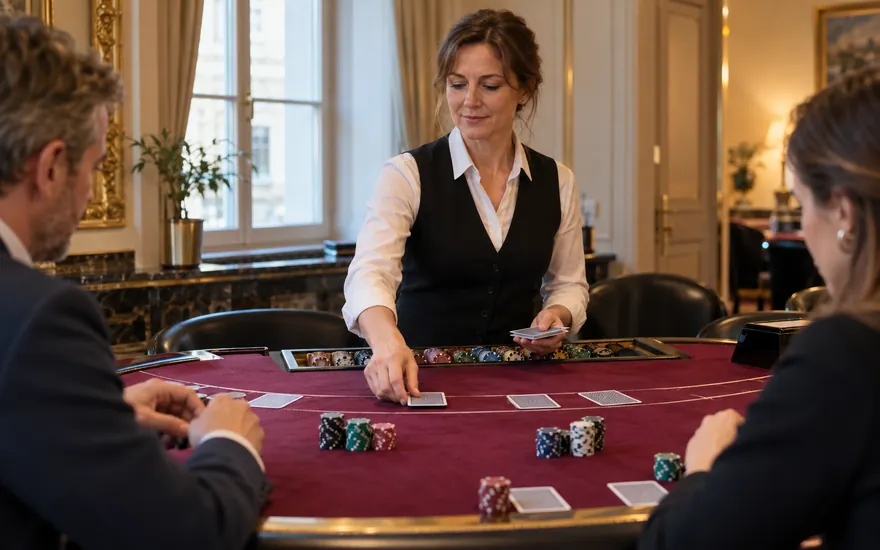 Casino: Spieltisch, Karten oder Roulette-Rad in einer fiktiven österreichischen Umgebung
