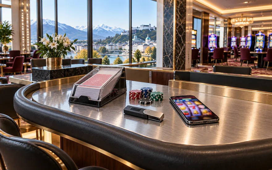Krypto Casino Österreich: Mobilgerät, Zahlungsgerät und unscharfe Walzensymbole in einer fiktiven österreichischen Umgebung