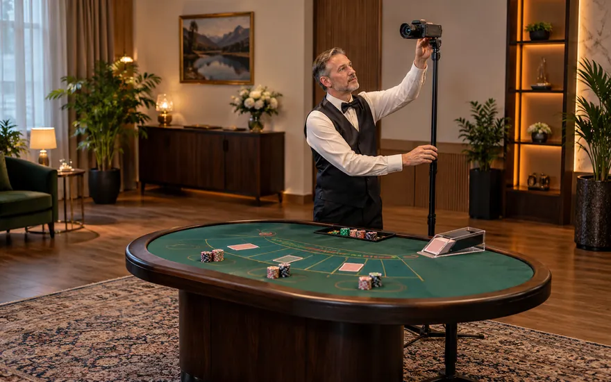 Live Casino: Spieltisch und Übertragungstechnik in einer fiktiven österreichischen Umgebung