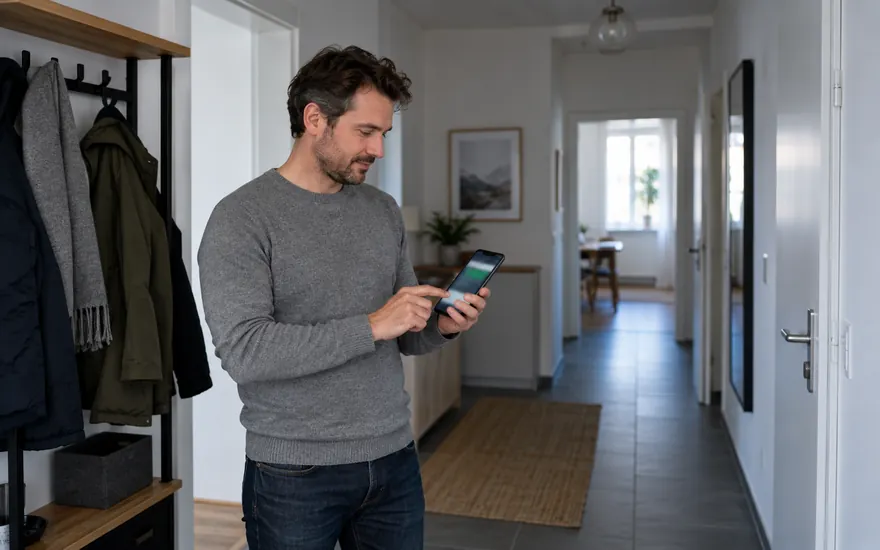 Login: Smartphone mit unscharfer Kontoansicht in einer fiktiven österreichischen Umgebung