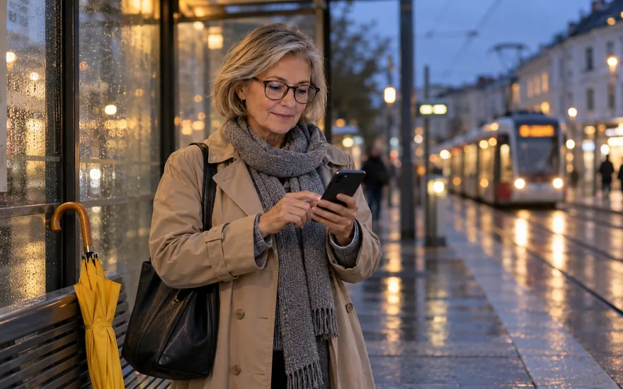 Login: Smartphone mit unscharfer Kontoansicht in einer fiktiven österreichischen Umgebung