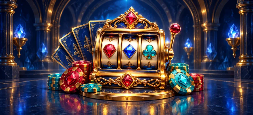 Originale fiktive Spielillustration mit goldenen Spielchips und abstrakten Walzensymbolen
