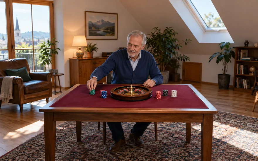 Roulette-Systeme: Roulette-Rad und Chipgruppen in einer fiktiven österreichischen Umgebung