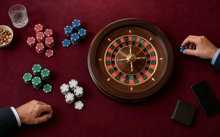 Roulette-Systeme: Roulette-Rad und Chipgruppen in einer fiktiven österreichischen Umgebung