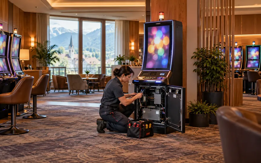 Slots: Automat mit unscharfen Walzensymbolen in einer fiktiven österreichischen Umgebung