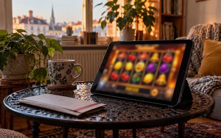 Slots: Automat mit unscharfen Walzensymbolen in einer fiktiven österreichischen Umgebung